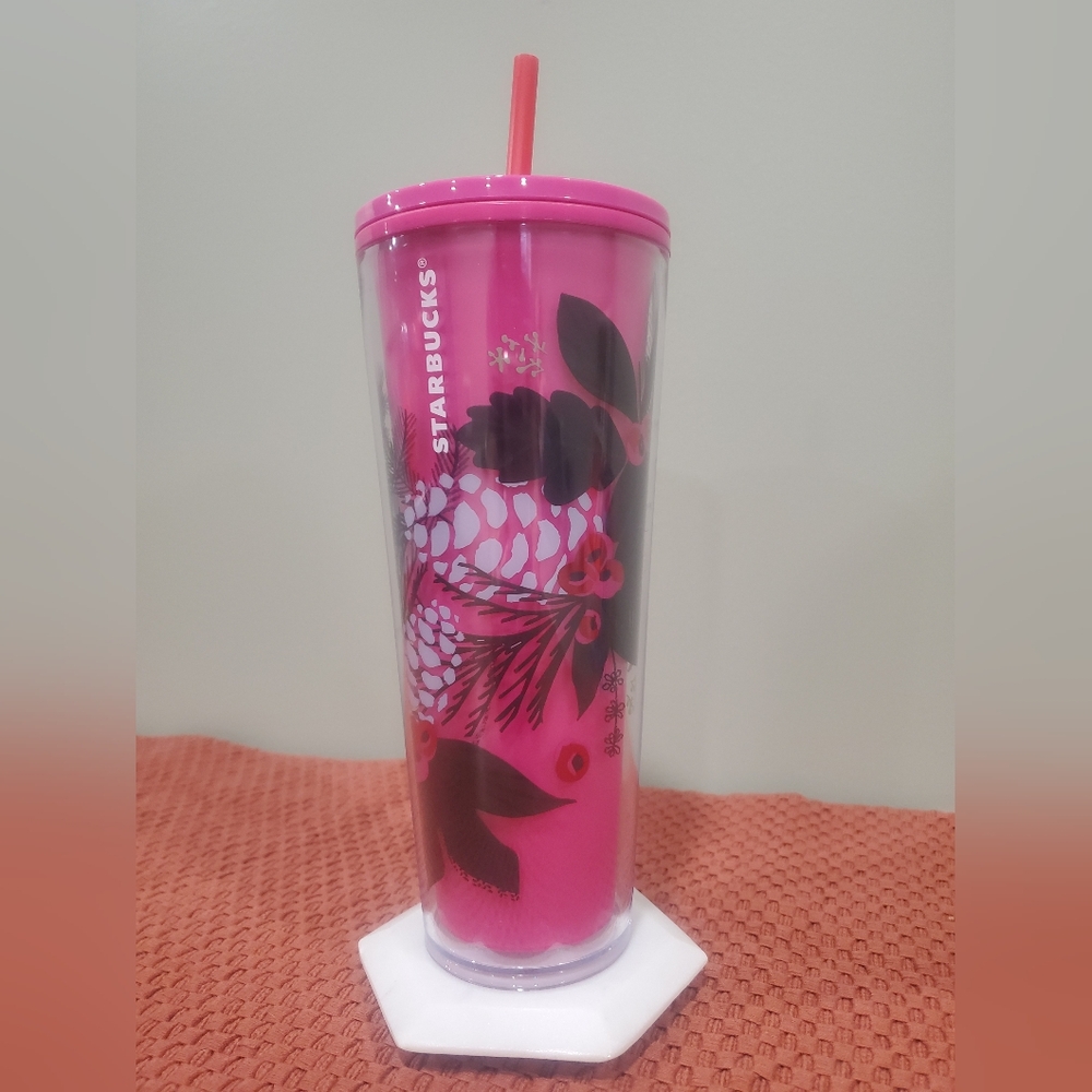 Starbucks Winter Pink and Black Pinecone Tumbler